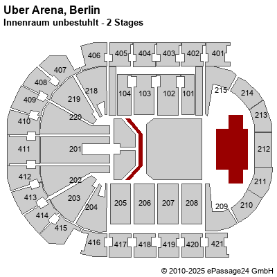 Saalplan Mercedes-Benz Arena (ex. o2 World Berlin), Berlin, Deutschland, Innenraum unbestuhlt - 2 Stages