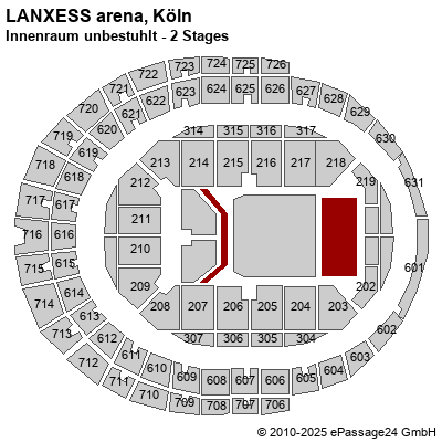 Saalplan LANXESS arena, Köln, Deutschland, Innenraum unbestuhlt - 2 Stages