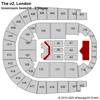 Saalplan The o2, London, Großbritannien, Innenraum bestuhlt - 2 Stages