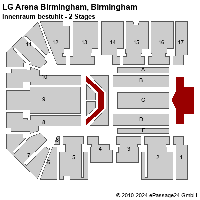 Saalplan LG Arena Birmingham, Birmingham, Großbritannien, Innenraum bestuhlt - 2 Stages
