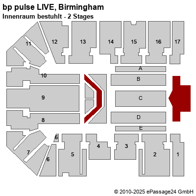 Saalplan bp pulse LIVE, Birmingham, Großbritannien, Innenraum bestuhlt - 2 Stages