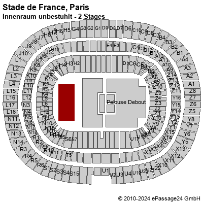 Saalplan Stade de France, Paris, Frankreich, Innenraum unbestuhlt - 2 Stages