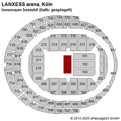 Saalplan LANXESS arena, Köln, Deutschland, Innenraum bestuhlt (halb; gespiegelt)