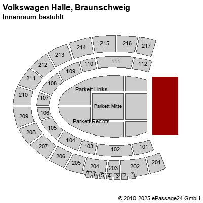 Saalplan Volkswagen Halle, Braunschweig, Deutschland, Innenraum bestuhlt