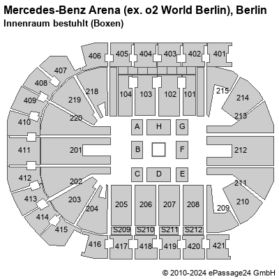 Saalplan Mercedes-Benz Arena (ex. o2 World Berlin), Berlin, Deutschland, Innenraum bestuhlt (Boxen)