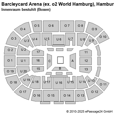 Saalplan Barcleycard Arena (ex. o2 World Hamburg), Hamburg, Deutschland, Innenraum bestuhlt (Boxen)