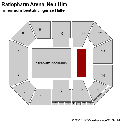 Saalplan Ratiopharm Arena, Neu-Ulm, Deutschland, Innenraum bestuhlt - ganze Halle