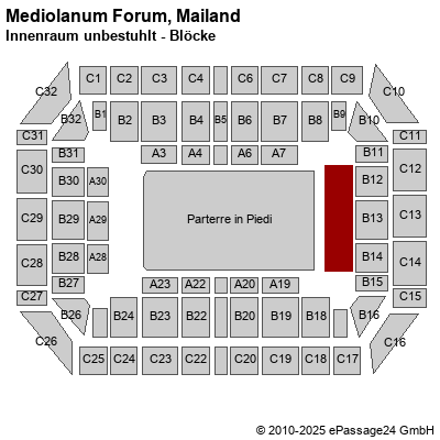 Saalplan Mediolanum Forum, Mailand, Italien, Innenraum unbestuhlt - Blöcke