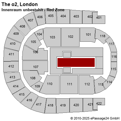 Saalplan The o2, London, Großbritannien, Innenraum unbestuhlt - Red Zone