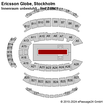 Saalplan Ericsson Globe, Stockholm, Schweden, Innenraum unbestuhlt - Red Zone