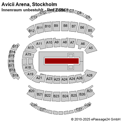 Saalplan Ericsson Globe, Stockholm, Schweden, Innenraum unbestuhlt - Red Zone