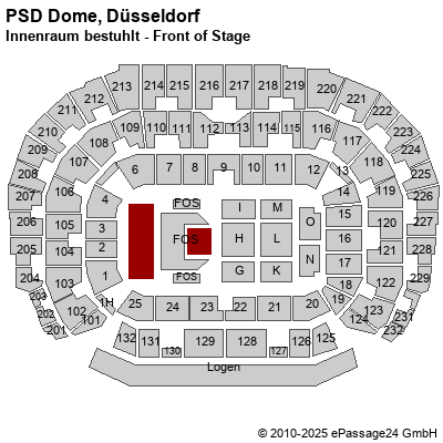 Saalplan ISS Dome, Düsseldorf, Deutschland, Innenraum bestuhlt - Front of Stage