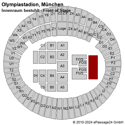 Saalplan Olympiastadion, München, Deutschland, Innenraum bestuhlt - Front of Stage
