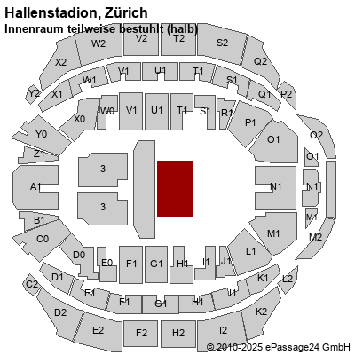 Saalplan Hallenstadion, Zürich, Schweiz, Innenraum teilweise bestuhlt (halb)