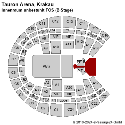Saalplan Tauron Arena, Krakau, Polen, Innenraum unbestuhlt FOS (B-Stage)