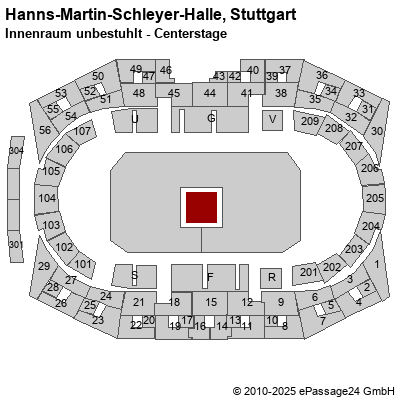 Saalplan Hanns-Martin-Schleyer-Halle, Stuttgart, Deutschland, Innenraum unbestuhlt - Centerstage